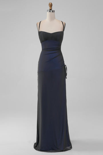 ZAPAKA Women Simple Black Blue Mermaid Long Bridesmaid Dress with Slit Spaghetti Straps Pleated Long Formal Dress